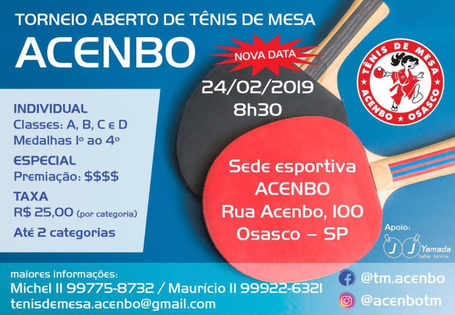 Torneio aberto de tênis de mesa na Acenbo tem inscrições abertas