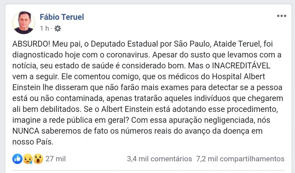 Reprodução de post de Fábio Teruel