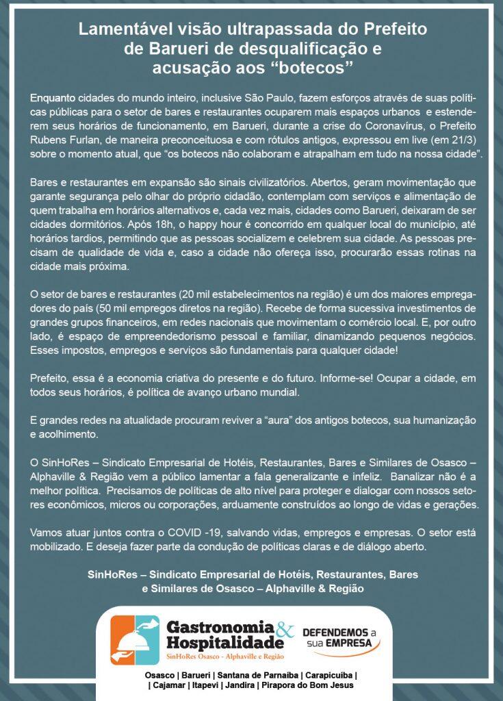 Nota Oficial SinHoRes Osasco - Alphaville e Região
