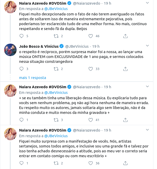 “Guerra” de sertanejos: Naiara Azevedo lança a mesma música que João Bosco & Vinícius um dia depois e revolta dupla