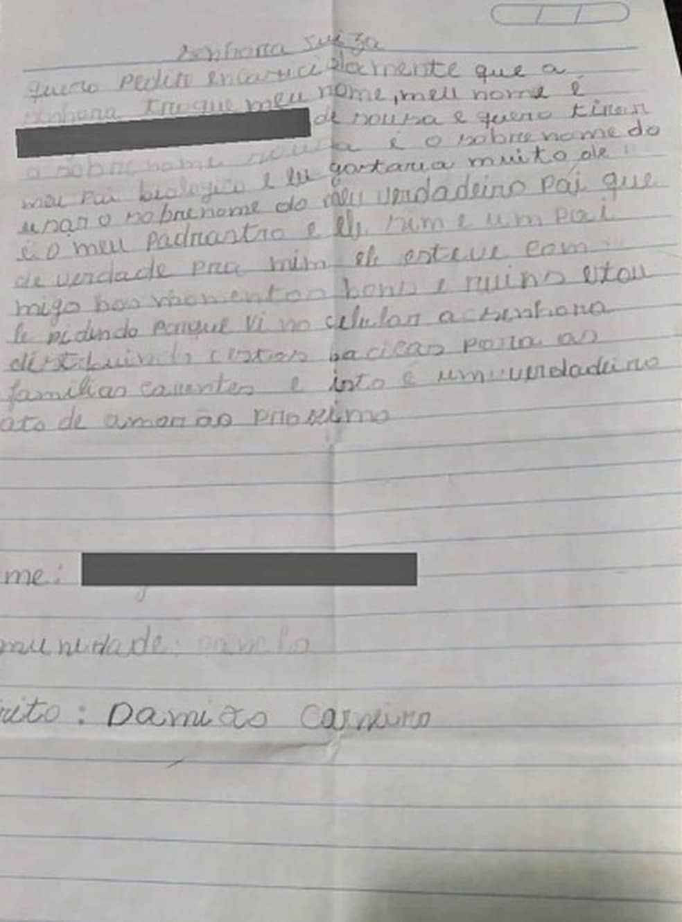 carta escrita por menino 
