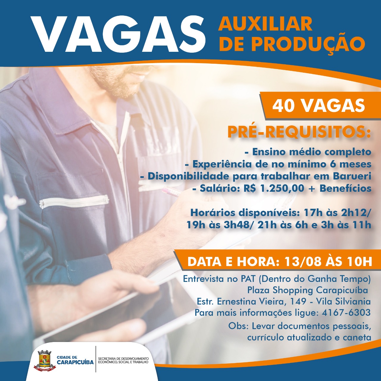 vagas auxiliar de produção pat carapicuíba