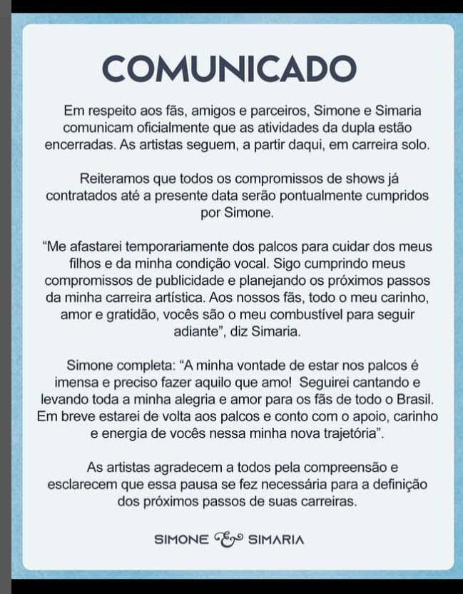 comunicado simone e simaria