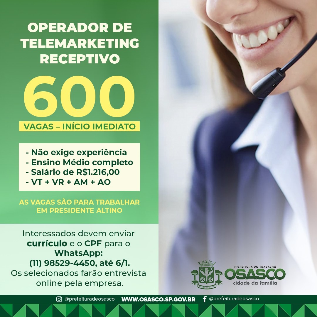 Empresa de telemarketing abre 600 vagas de emprego, em Campina